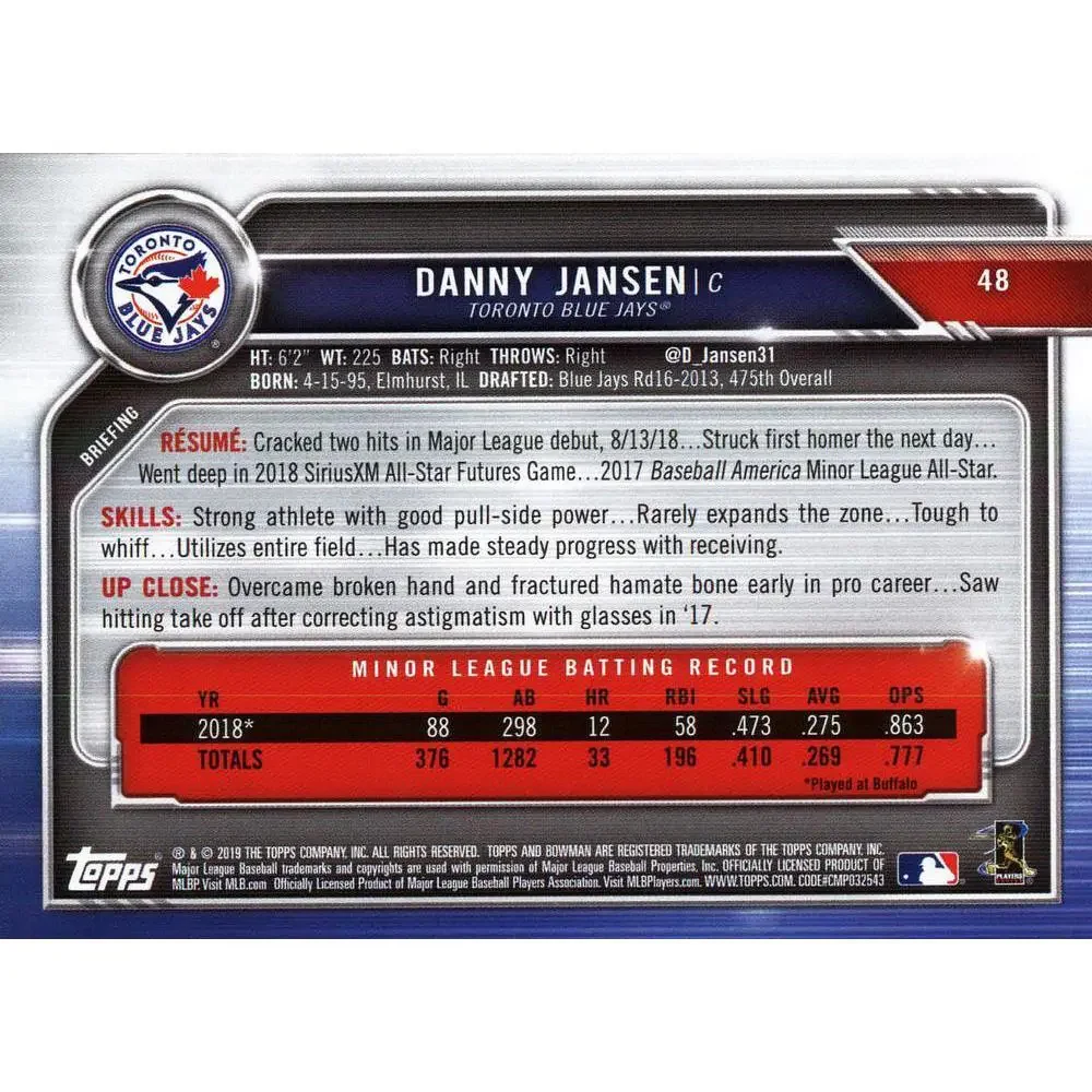 2019 Bowman Danny Jansen RC #48 Toronto Blue Jays